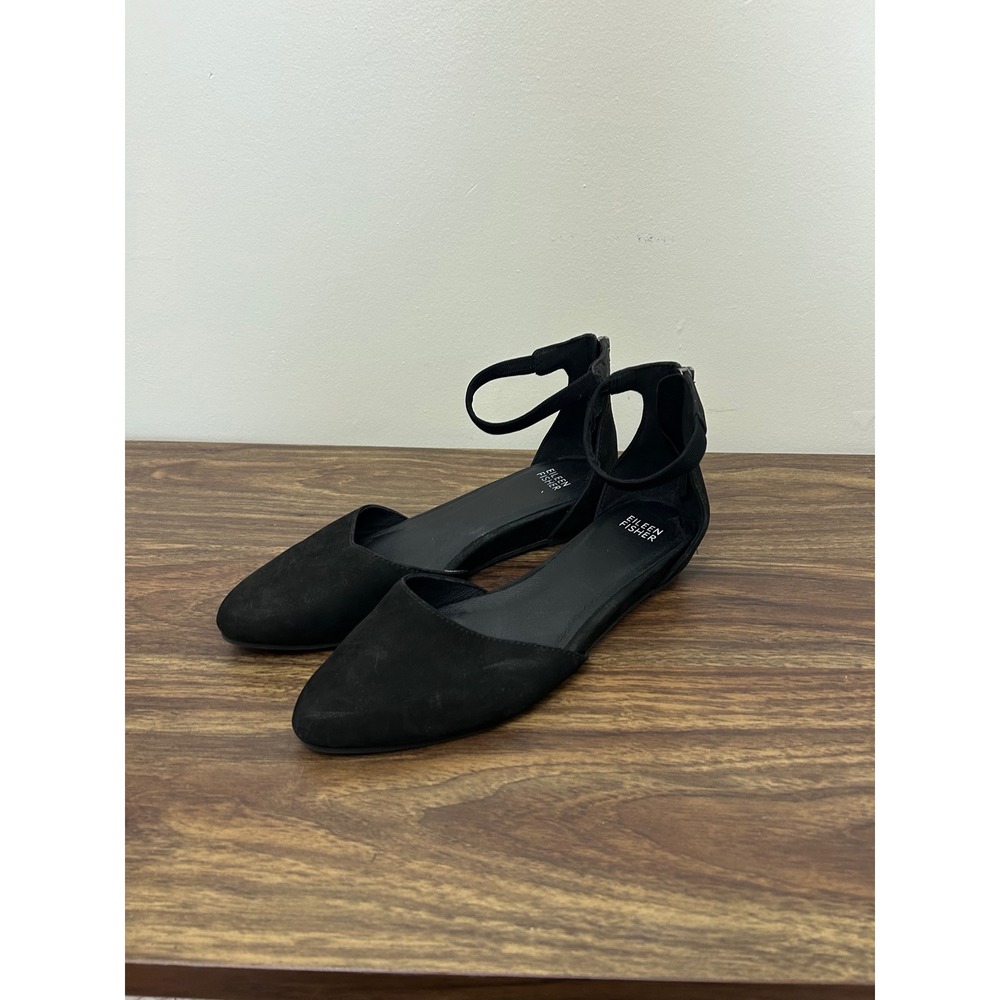 Eileen Fisher Womens Black Suede Pointed Toe Ankle Strap Zipper D'Orsay Flats 7